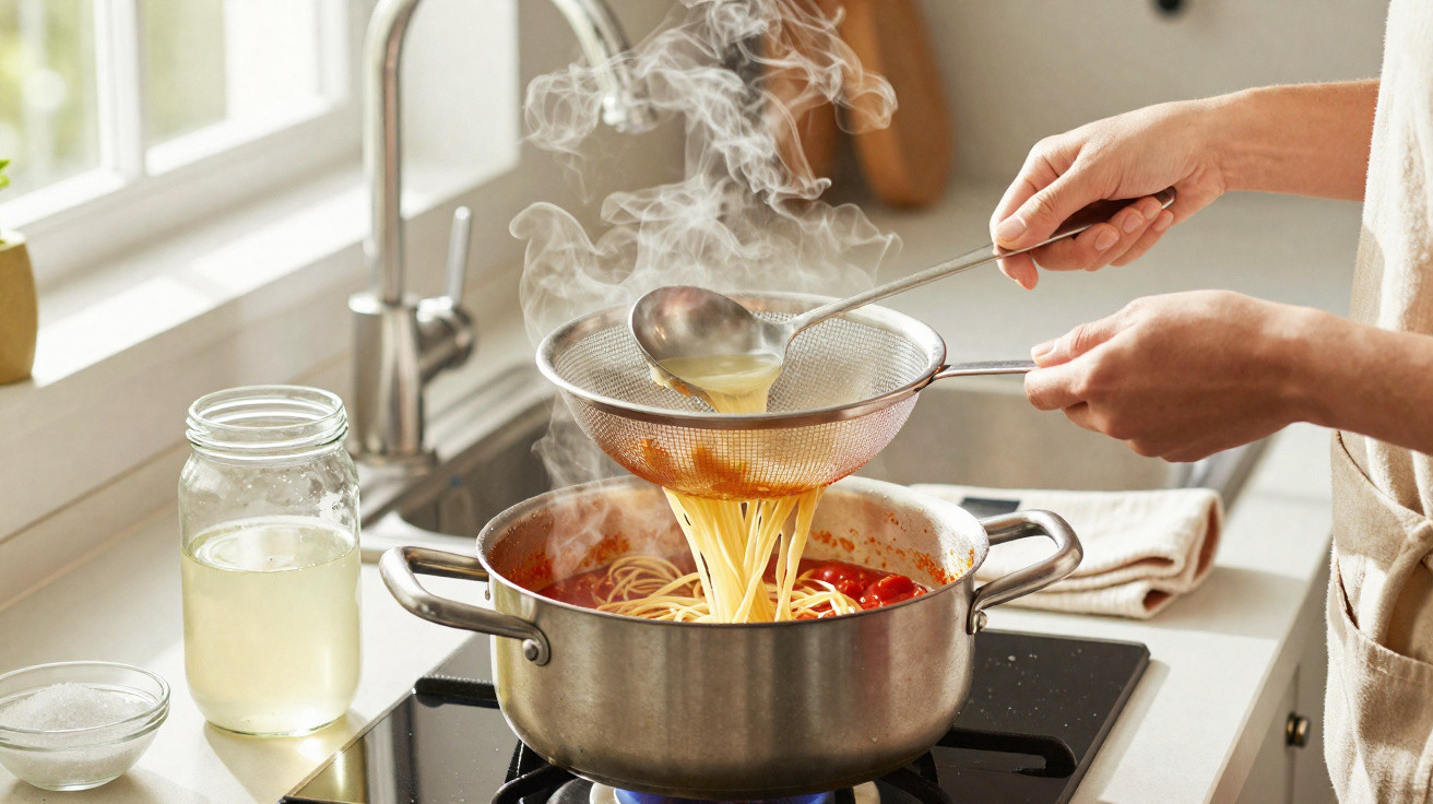 Pessoa a escorrer esparguete cozido com concha numa panela na cozinha com molho a cozinhar no fogão.