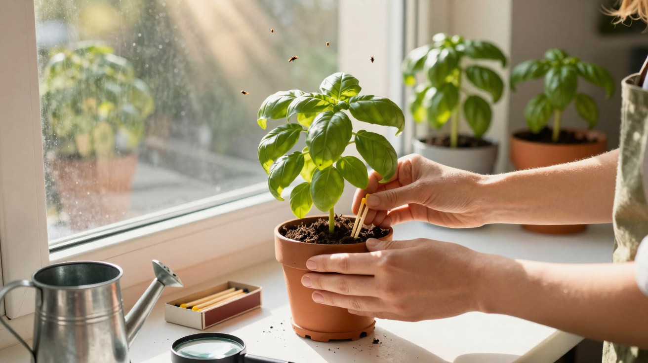 Pessoa a cuidar de planta em vaso de barro junto a janela com regador e caixa de fósforos na mesa.