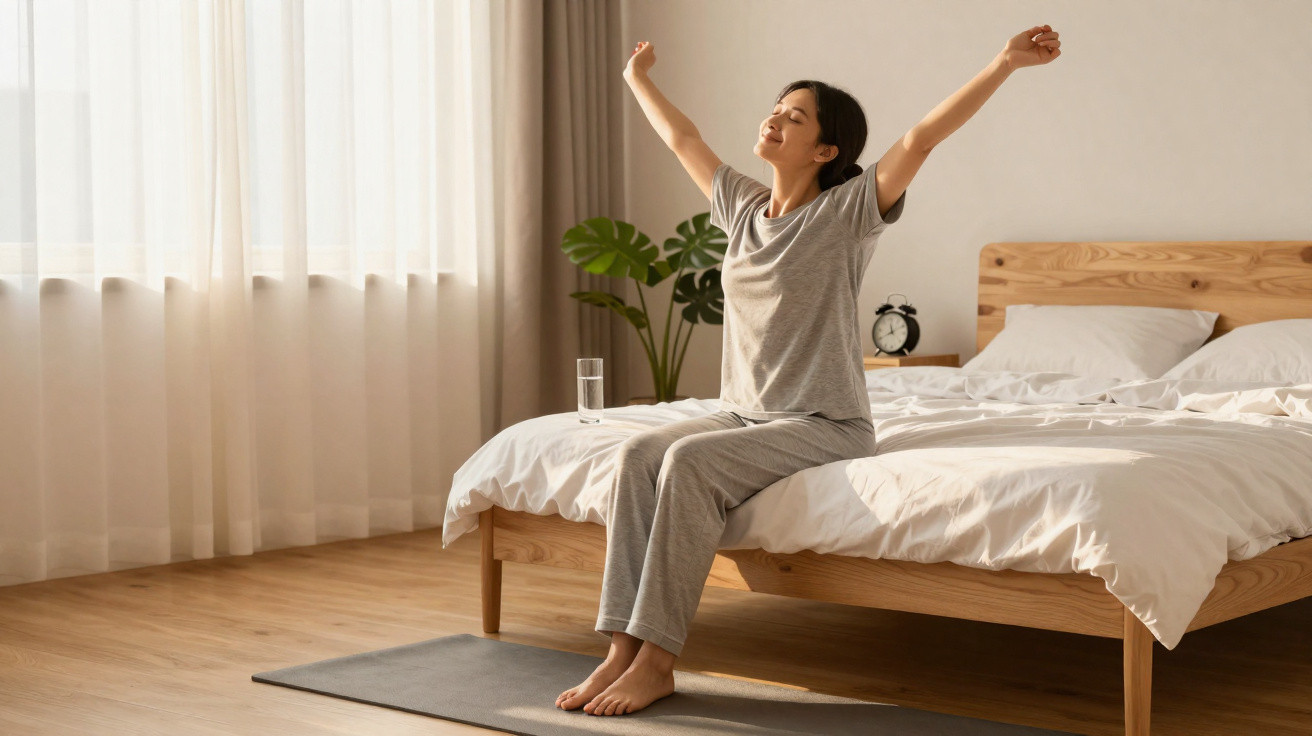 Mulher em pijama sentada na cama a espreguiçar-se numa manhã iluminada por luz natural suave.