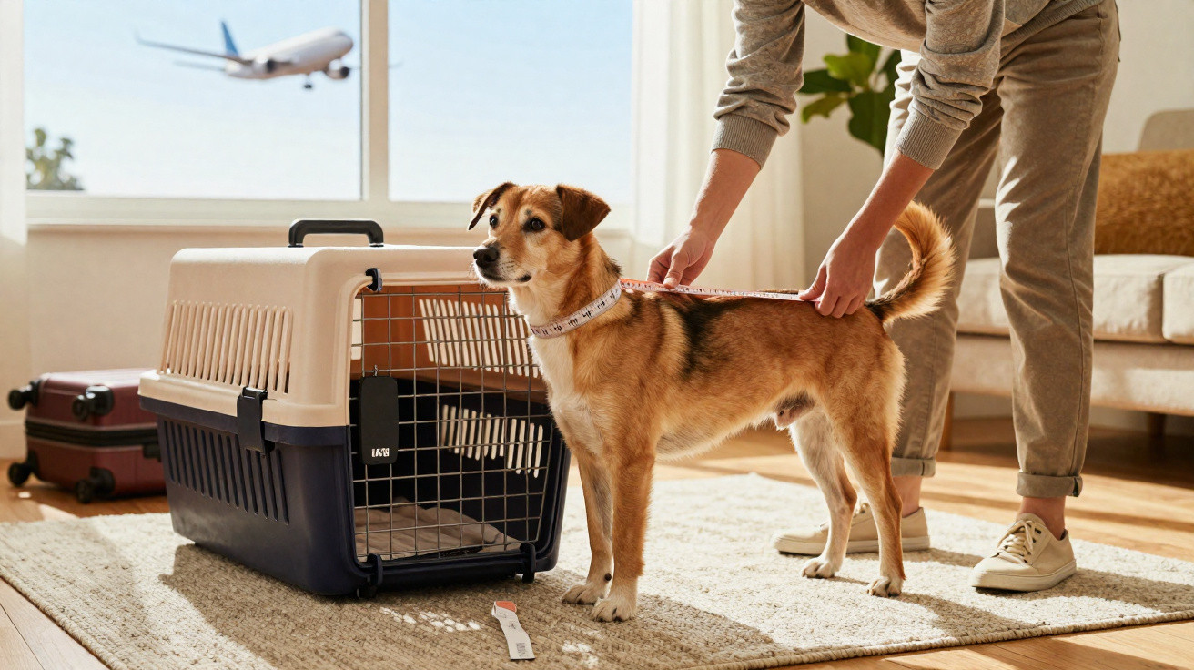 Cão marrom a ser medido com fita métrica perto de transportadora para viagem de avião numa sala iluminada.
