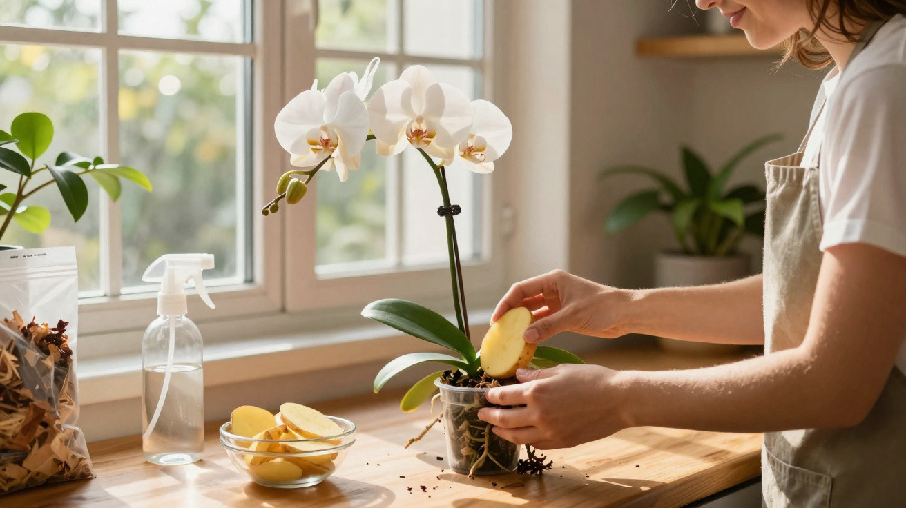 Pessoa a plantar orquídea branca num vaso numa cozinha bem iluminada com luz natural.