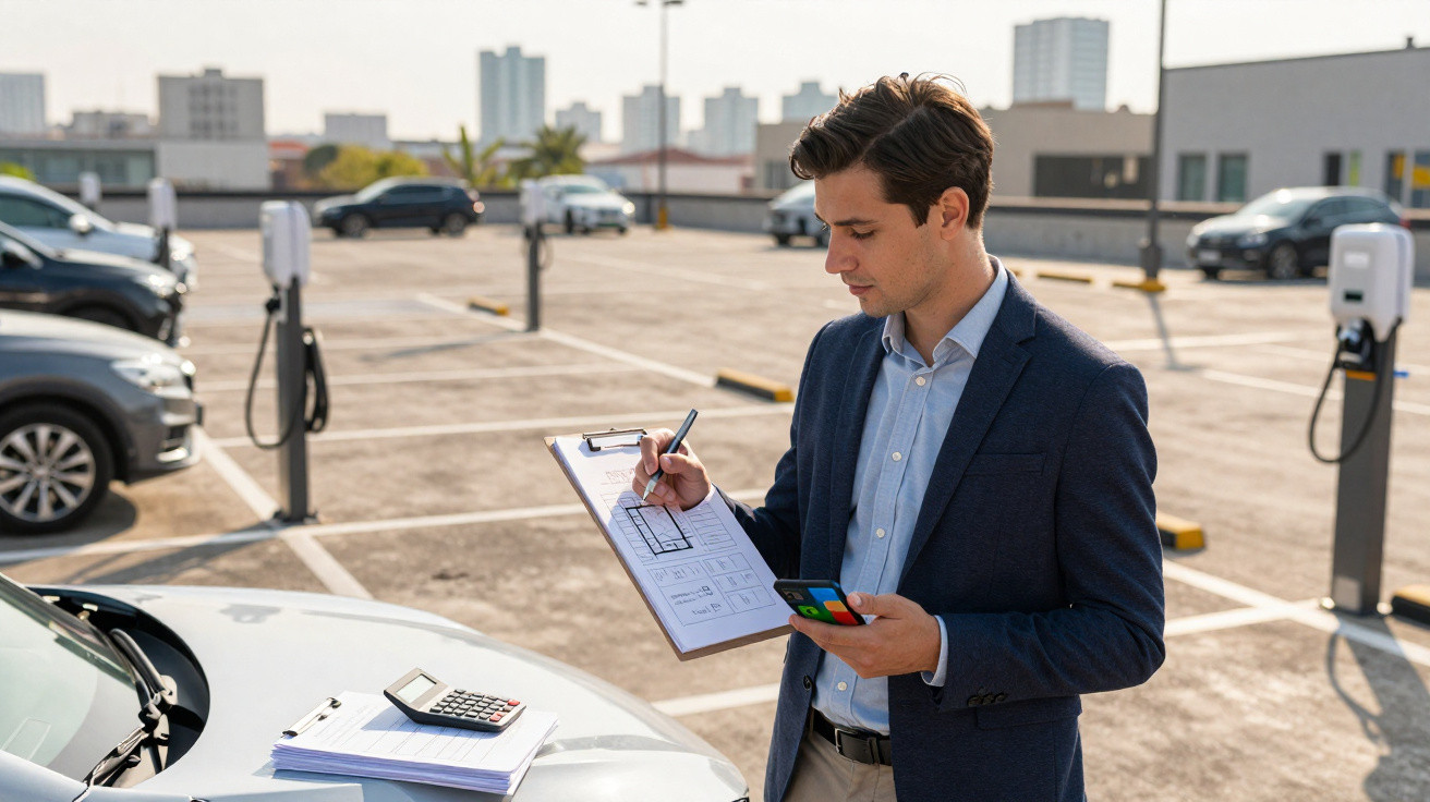 Homem de negócios com prancheta e celular numa estação de carregamento de carros elétricos ao ar livre.