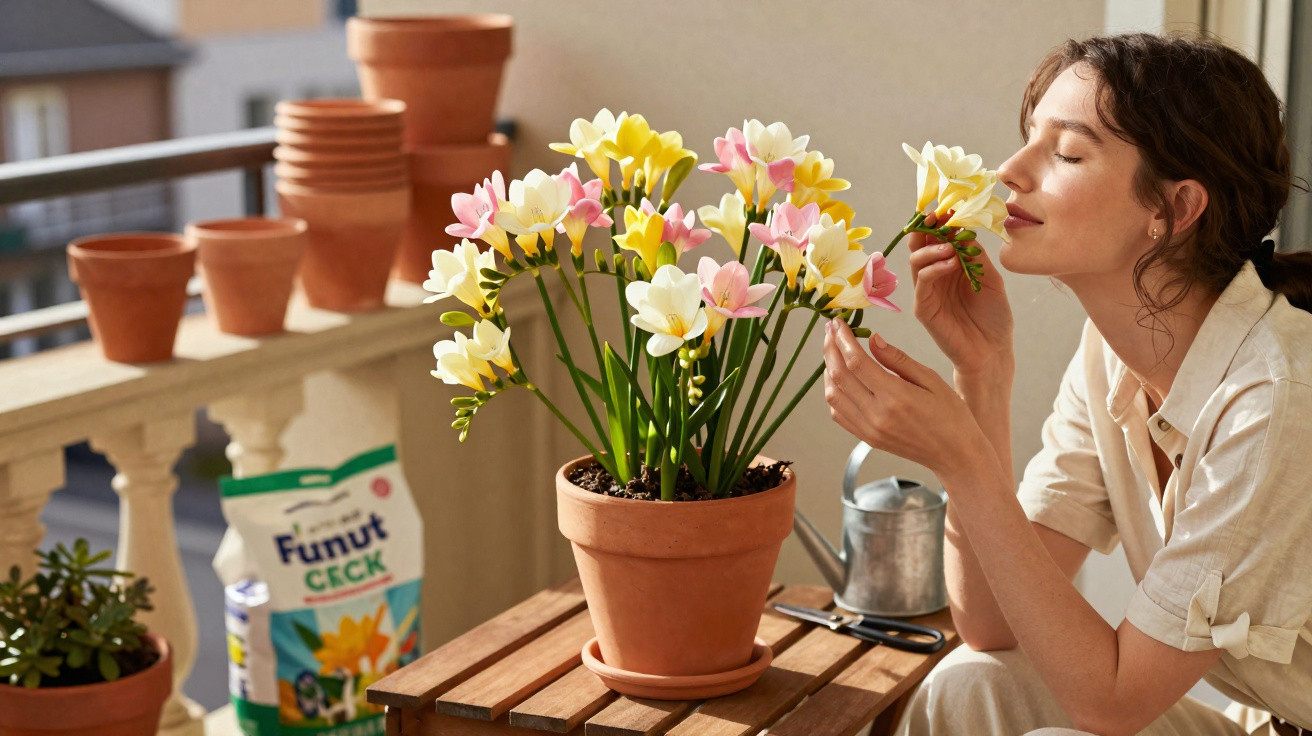 Mulher a cheirar flor branca junto a vaso com flores coloridas numa varanda com luz solar.