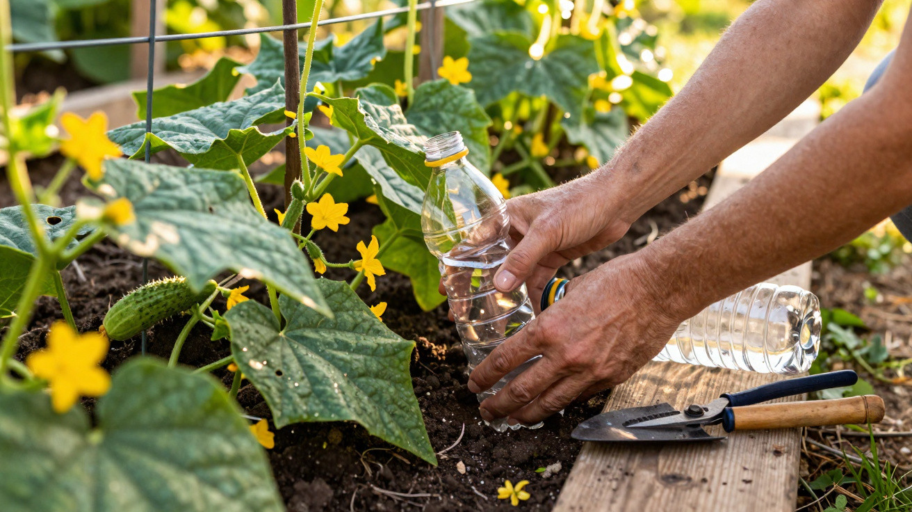 Mãos a usar garrafa de plástico perfurada para rega lenta em planta de pepino num canteiro de jardim.