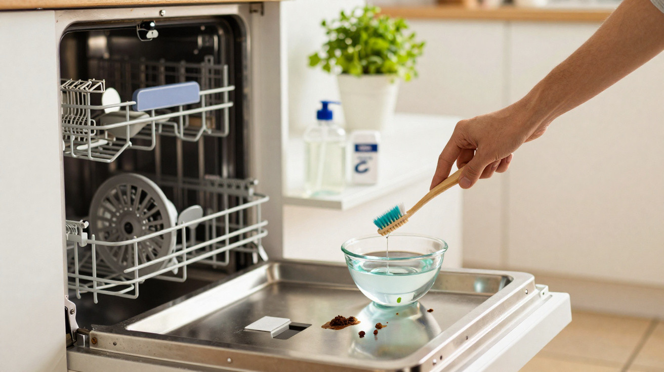 Pessoa a limpar a máquina de lavar loiça com escova, esponja e detergente numa cozinha moderna.