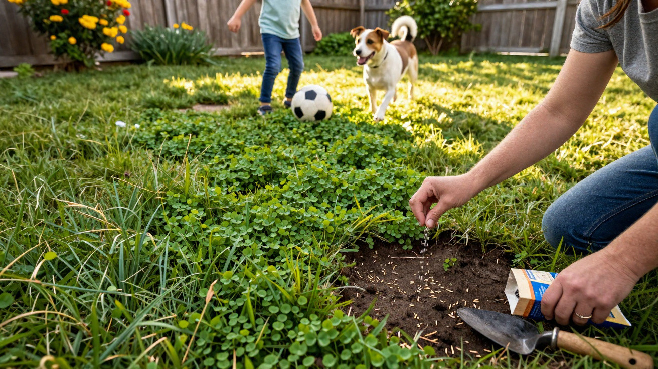 Pessoa a semear sementes num jardim com cão e criança a jogar bola ao fundo.
