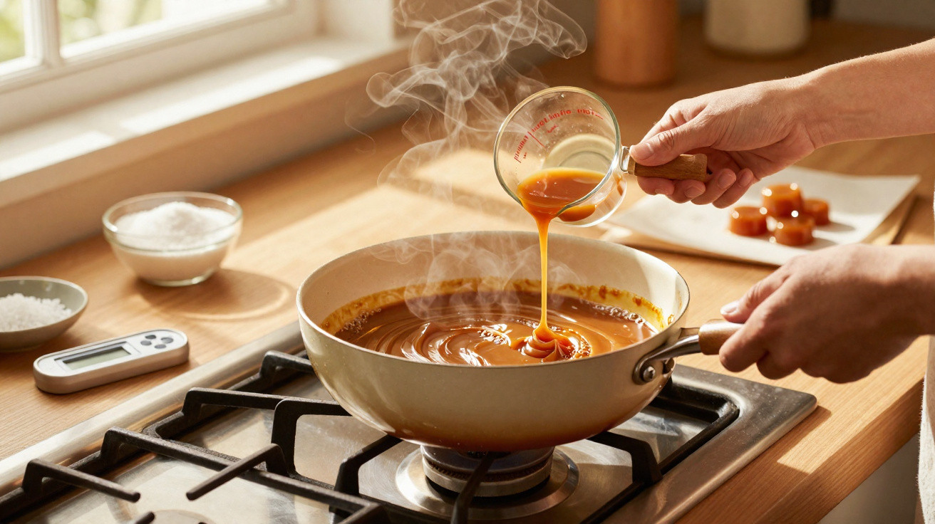Panela com caramelo a ferver no fogão a gás, mãos a adicionar líquido em copo de vidro.