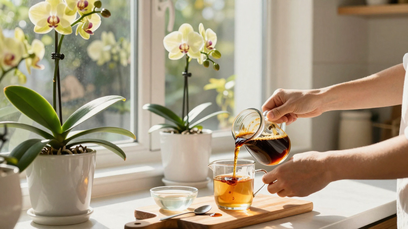 Mão a servir café numa jarra para um copo num balcão de cozinha com plantas e janela ao fundo.