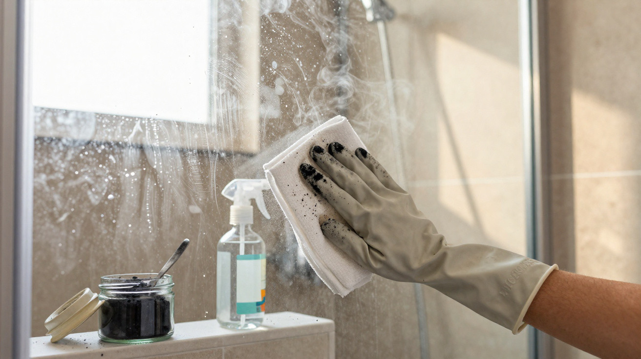 Mão de luva a limpar vidro embaciado com um pano e produto de limpeza numa casa de banho.