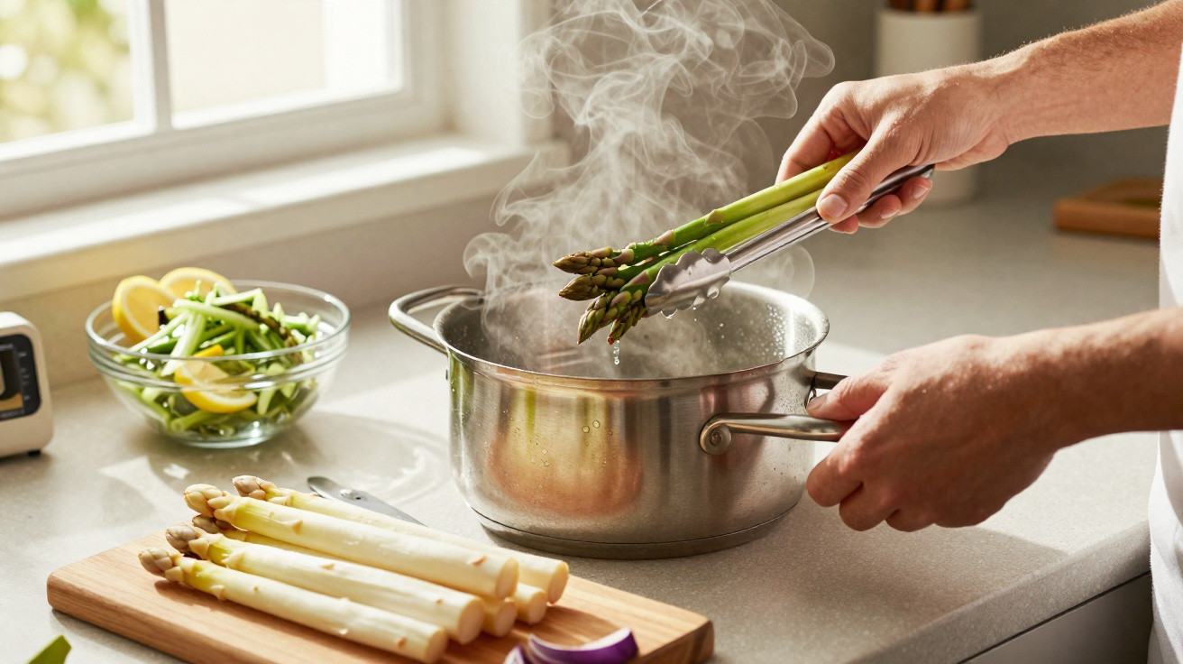Pessoa a colocar espargos verdes em panela com vapor, ao lado de espargos brancos numa tábua de corte na cozinha.