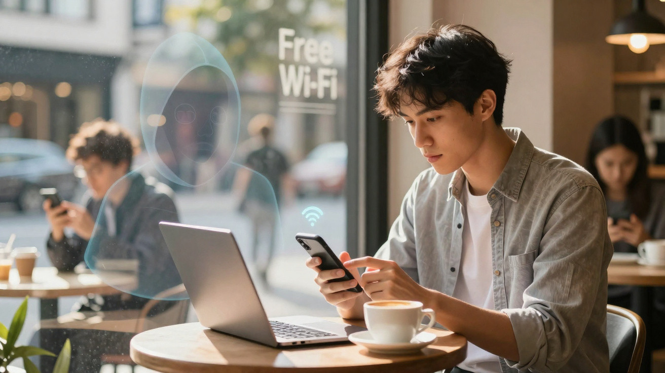 Jovem numa café a usar telemóvel com computador portátil aberto e símbolo de Wi-Fi visível na janela.