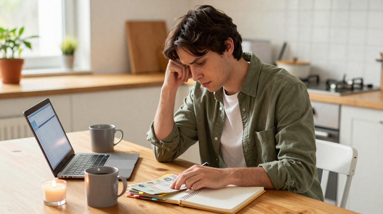 Jovem a estudar ou trabalhar em casa, a escrever num caderno com computador portátil aberto numa mesa de madeira.