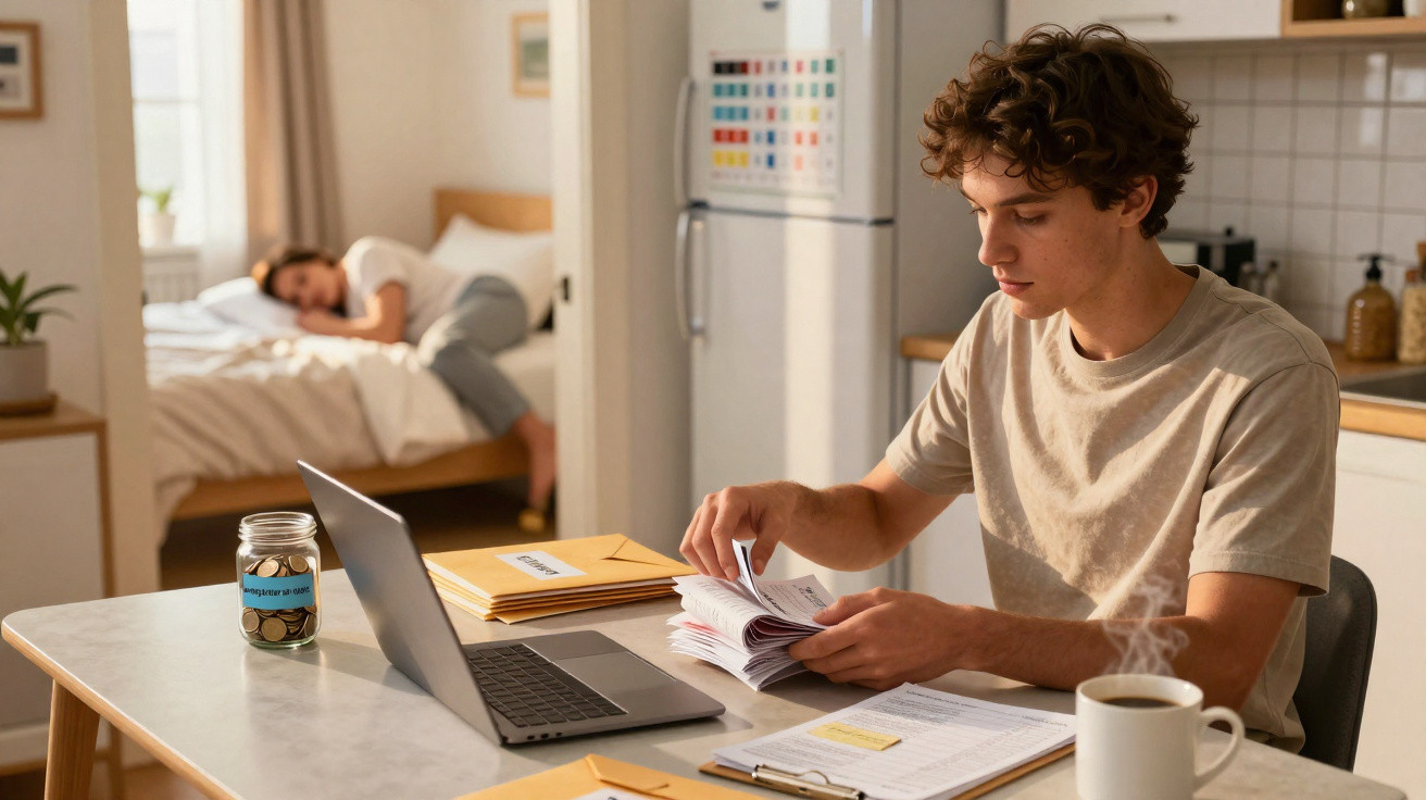 Jovem a analisar documentos numa mesa com computador, café e frasco de poupança, enquanto mulher dorme no quarto.