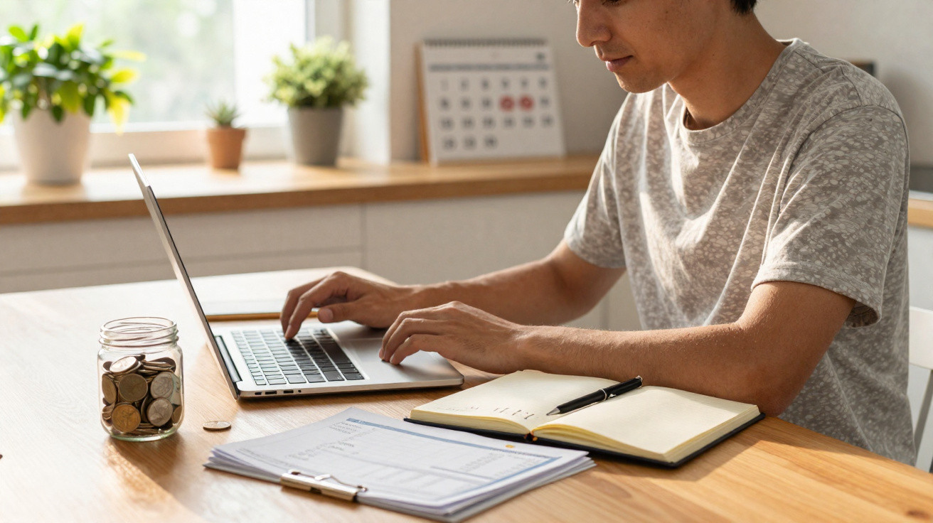 Pessoa a analisar dados financeiros num computador portátil com caderno e jarro de moedas numa mesa.