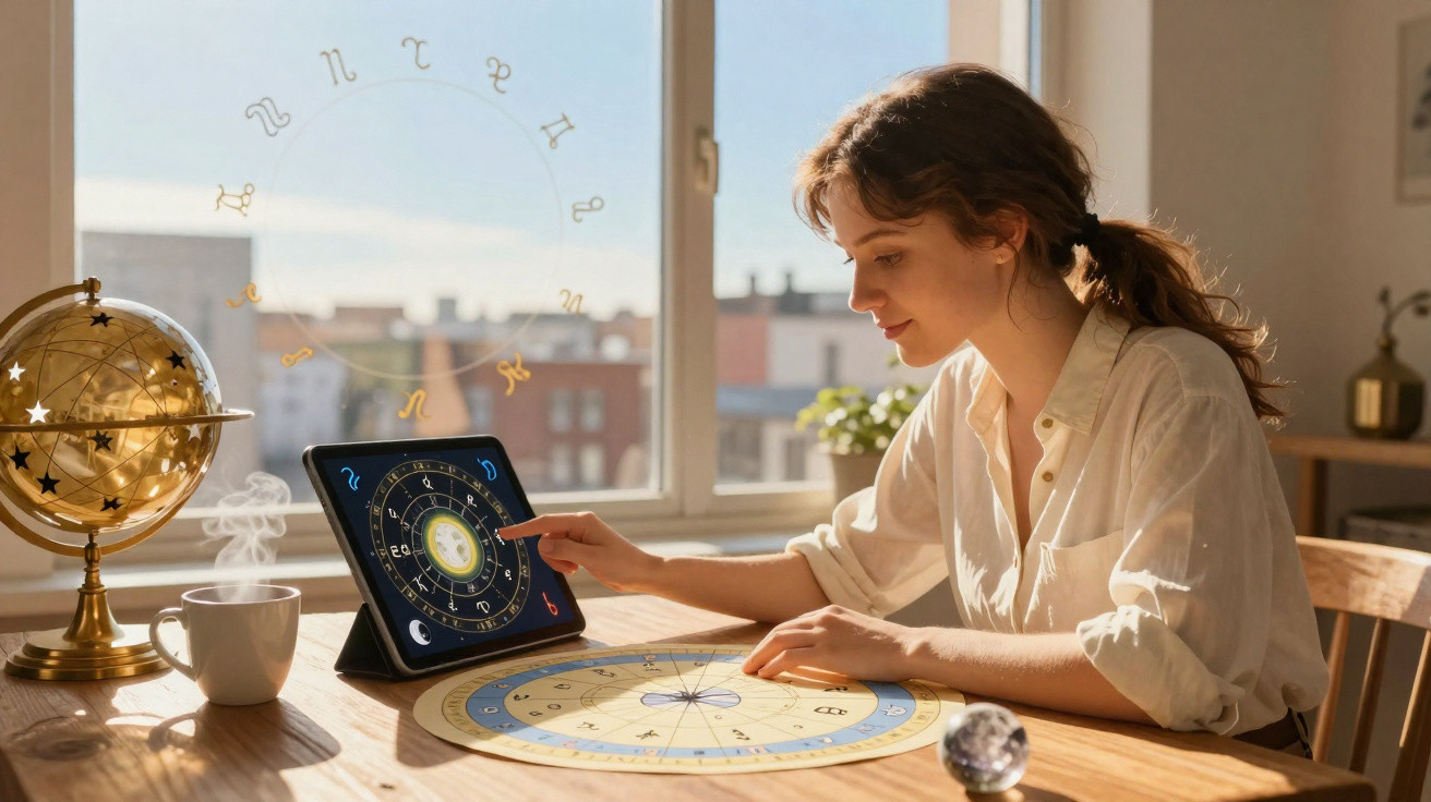 Mulher a consultar horóscopo num tablet num ambiente luminoso com mapa astral e globo terrestre na mesa.