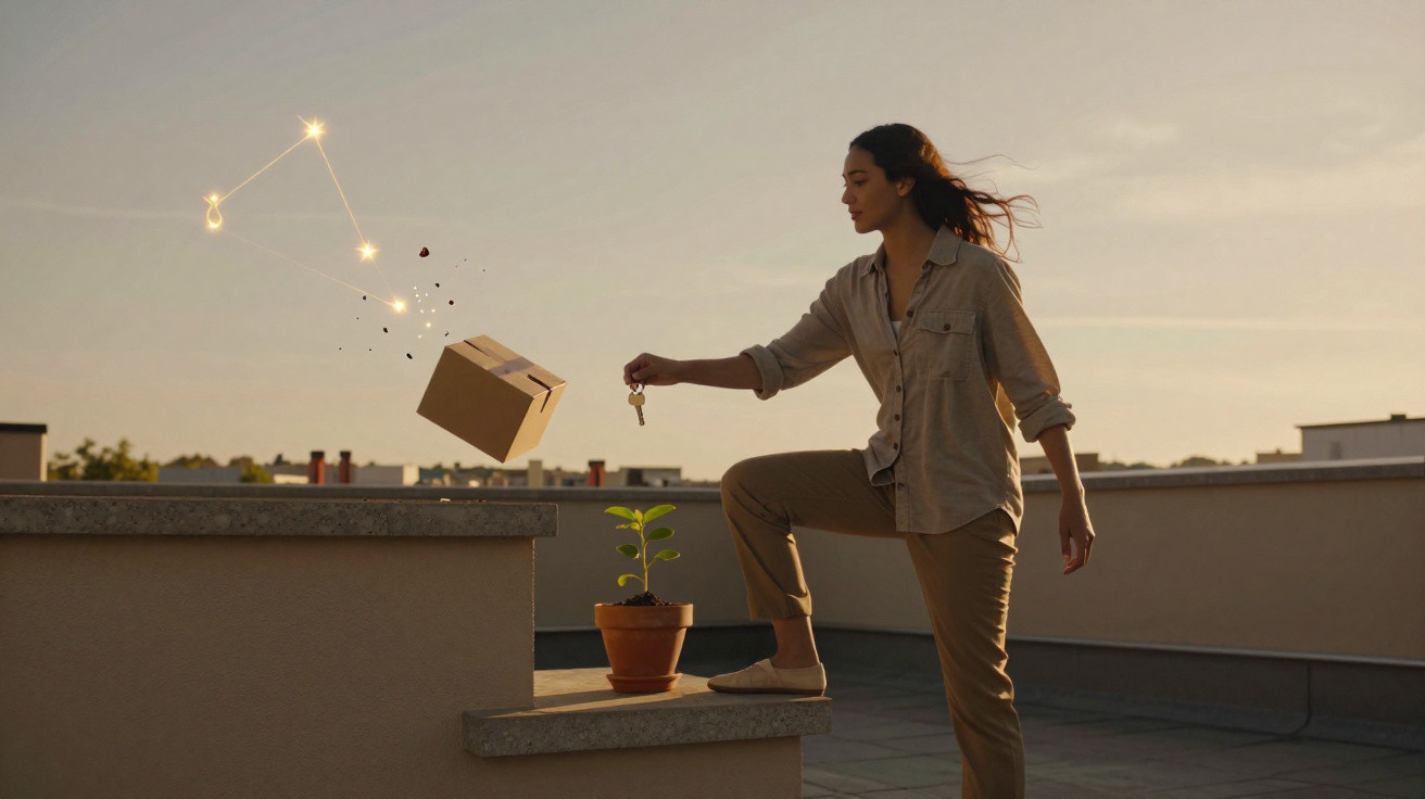 Mulher segura chave e flutua caixa junto a planta em vaso num terraço ao pôr do sol.