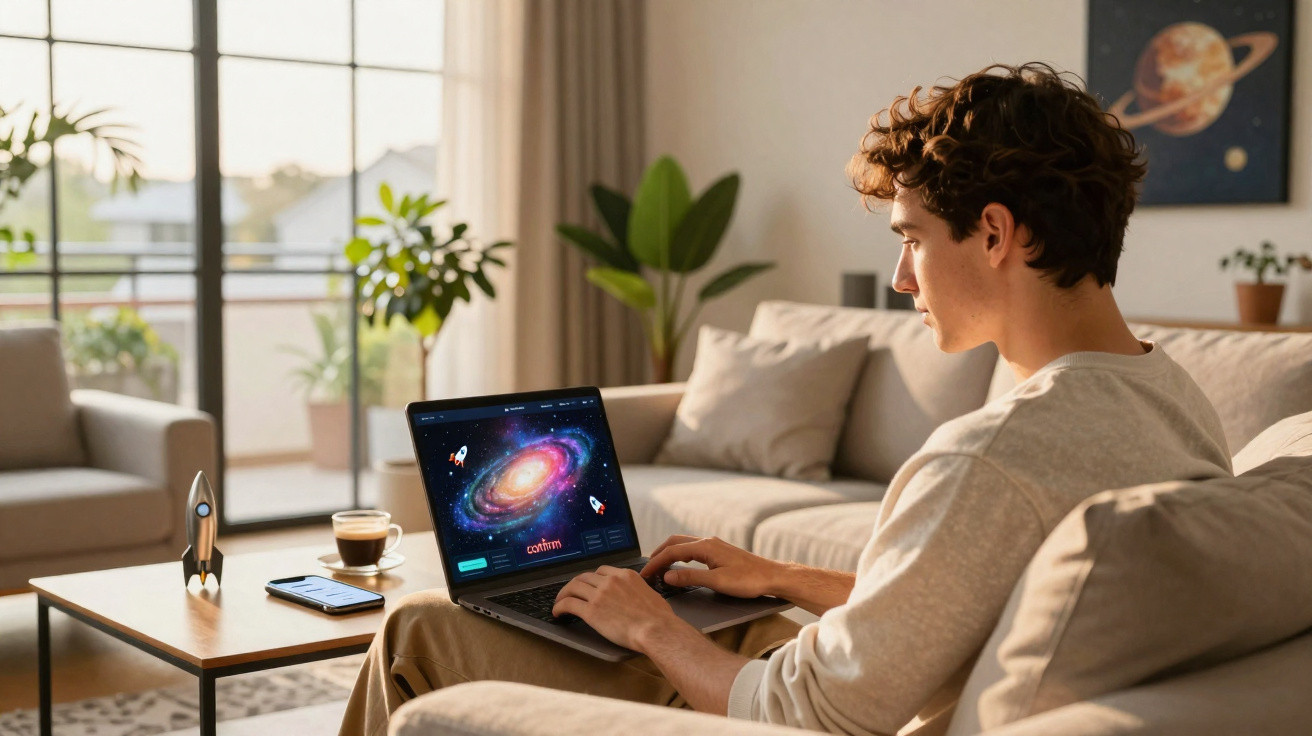 Jovem sentado no sofá a usar computador portátil com imagem de galáxia, telefone e miniatura de foguete na mesa.