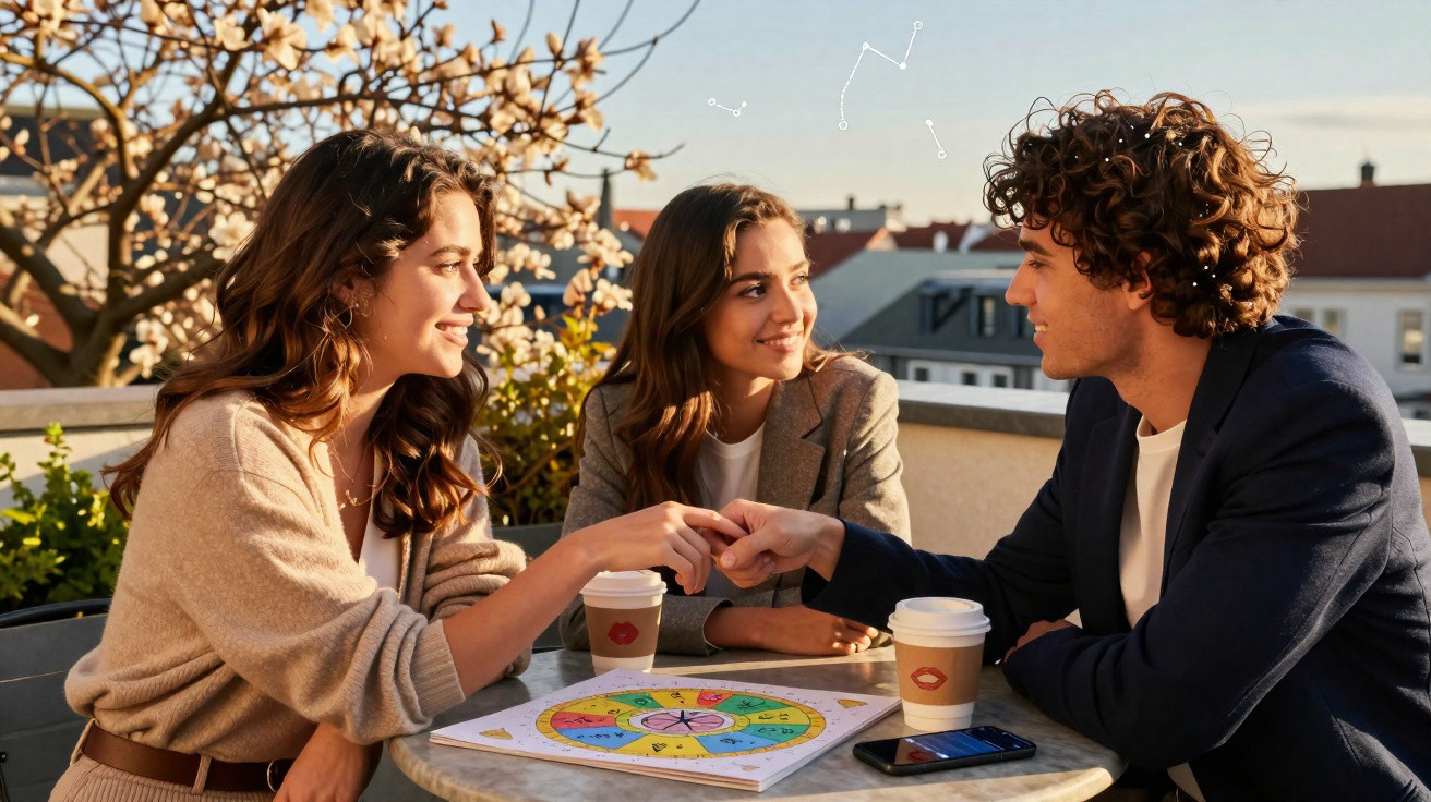 Três amigos sentados numa mesa exterior, com café e um mapa astrológico à frente, trocando um gesto de carinho.