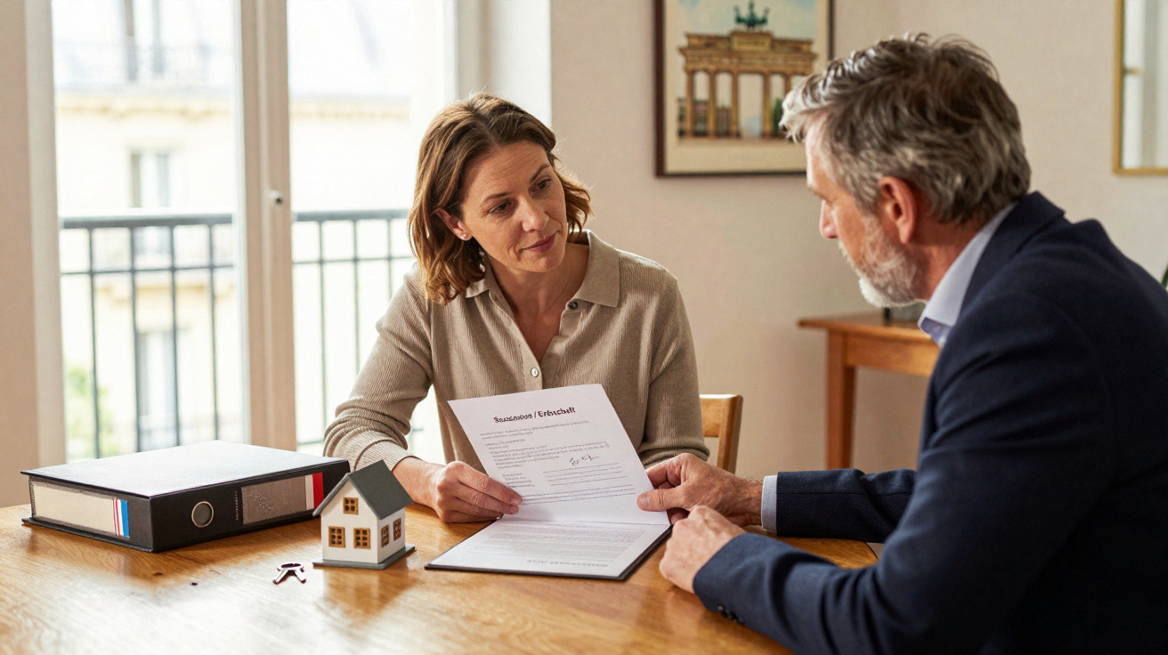 Três adultos discutem documentos à mesa com chave e casa em miniatura, sugerindo negociação imobiliária.