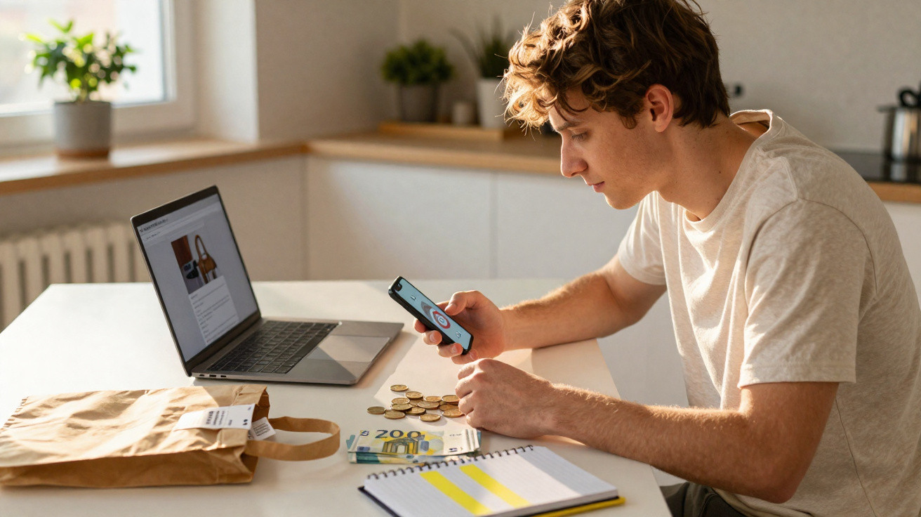 Jovem a contar moedas enquanto usa telemóvel, com notas, portátil e caderno numa mesa em ambiente doméstico.