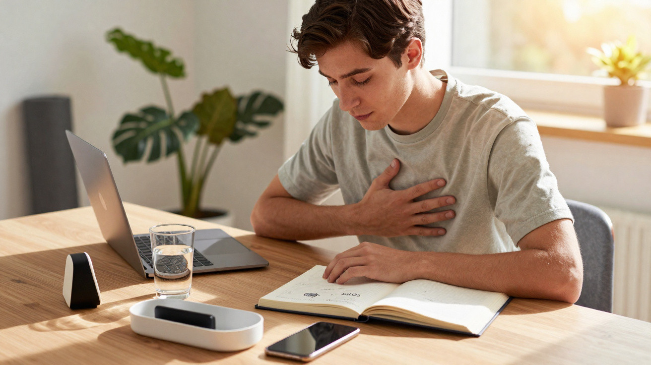 Homem sentado a escrever num caderno num ambiente tranquilo, com computador e copo de água na mesa.