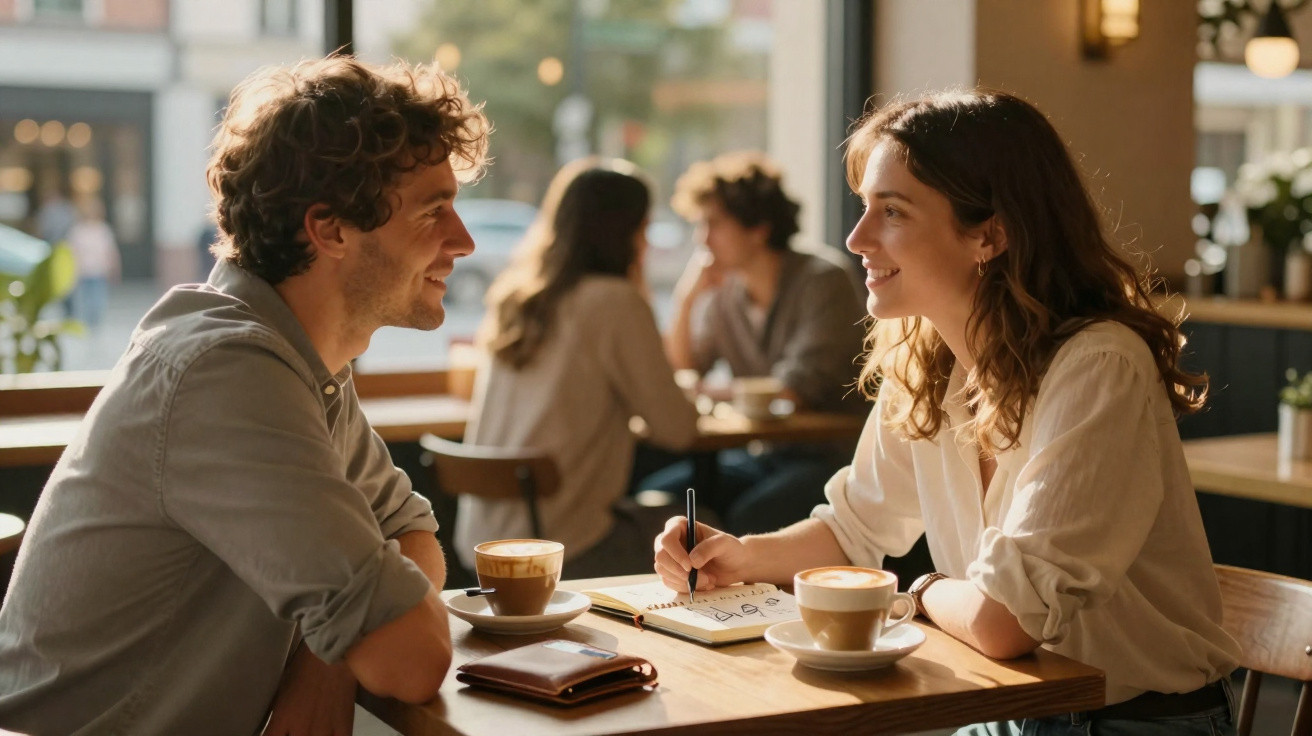 Jovem casal a conversar e tomar café numa esplanada iluminada pela luz natural.