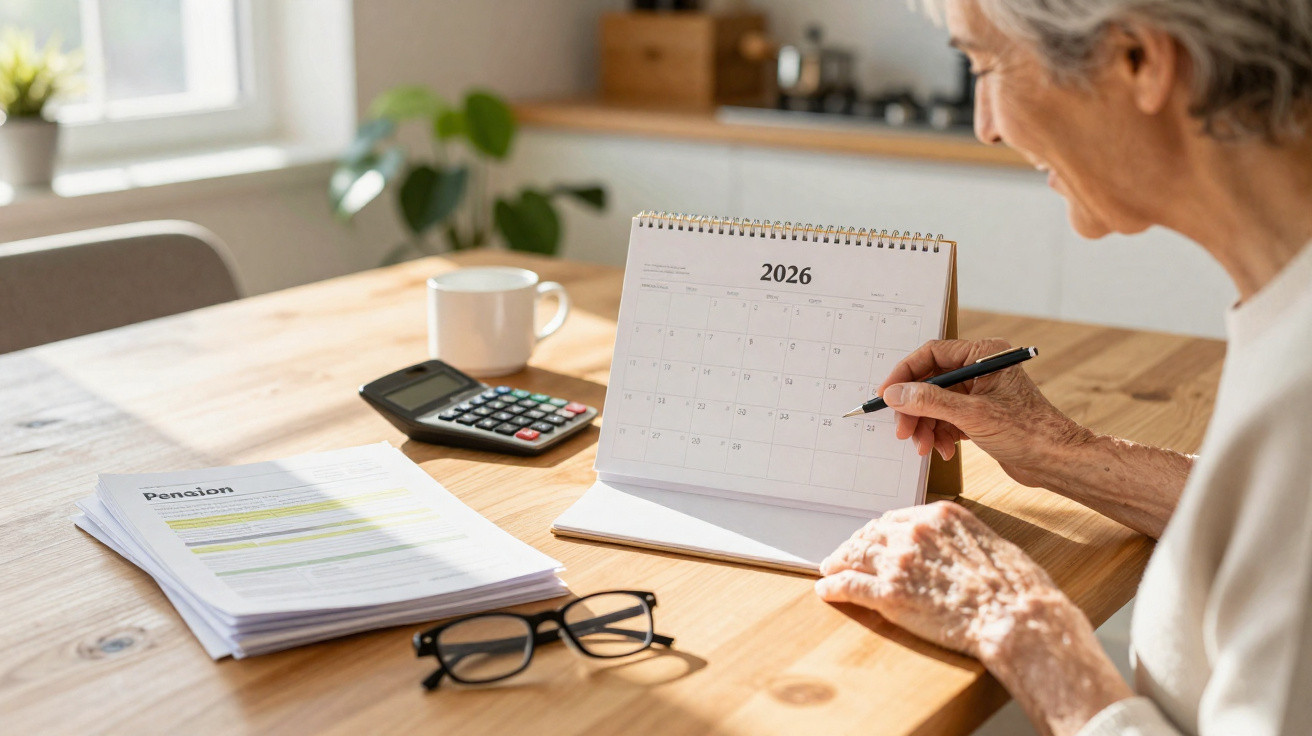Mulher sénior a fazer anotações num calendário de mesa de 2026, com documentos, calculadora e óculos numa mesa de madeira.
