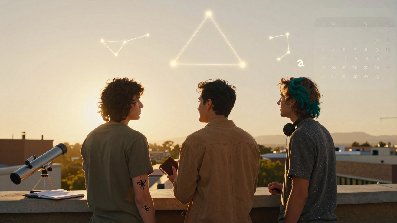 Três jovens observam um triângulo de luzes no céu ao pôr do sol numa área urbana, com um telescópio ao lado.