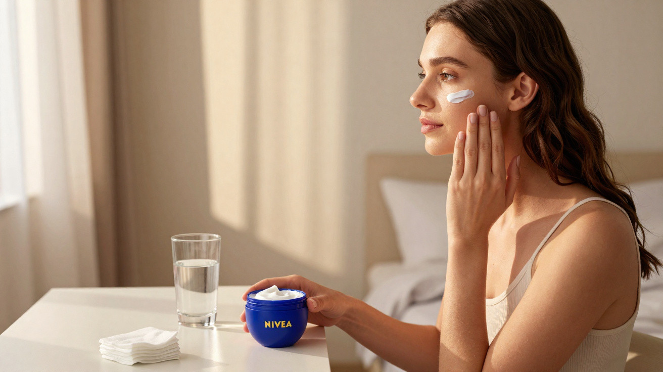Mulher aplica creme hidratante no rosto numa divisão iluminada, com frasco azul de Nivea e copo de água sobre a mesa.