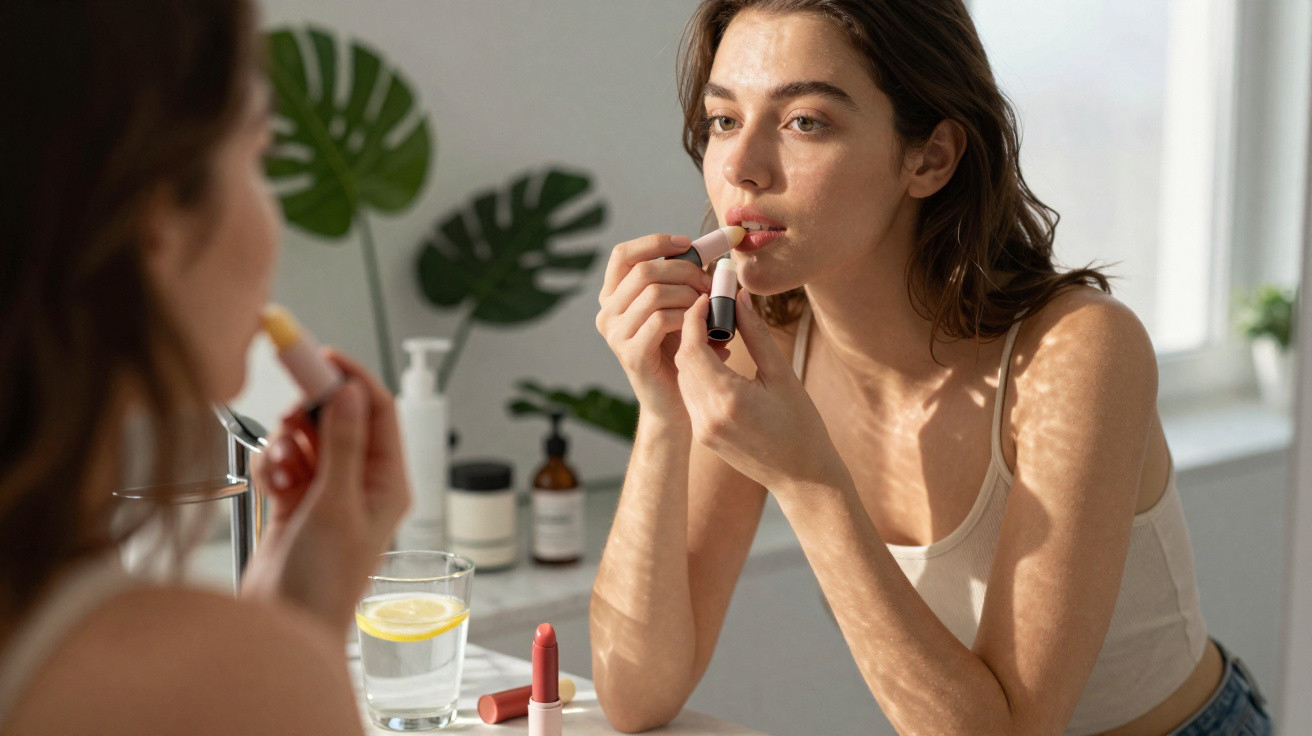 Mulher aplica bálsamo labial junto a janela, com maquilhagem e copo de água com limão na mesa.