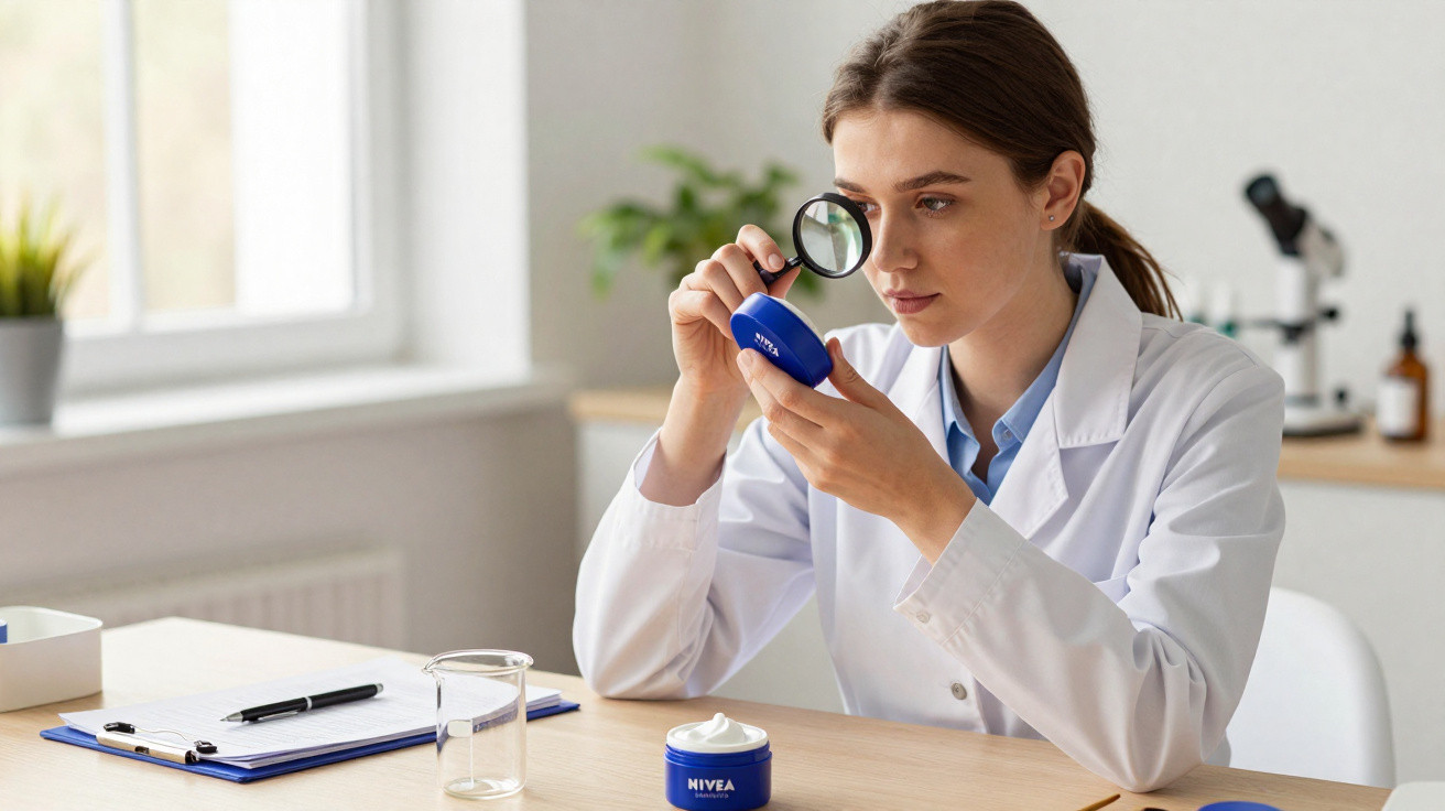 Mulher de bata branca examina creme Nivea com lupa numa mesa iluminada junto à janela.