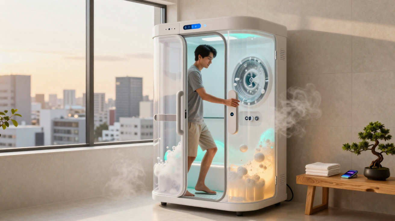 Homem dentro de cabine futurista de banho a vapor numa casa com vista urbana ao pôr do sol.