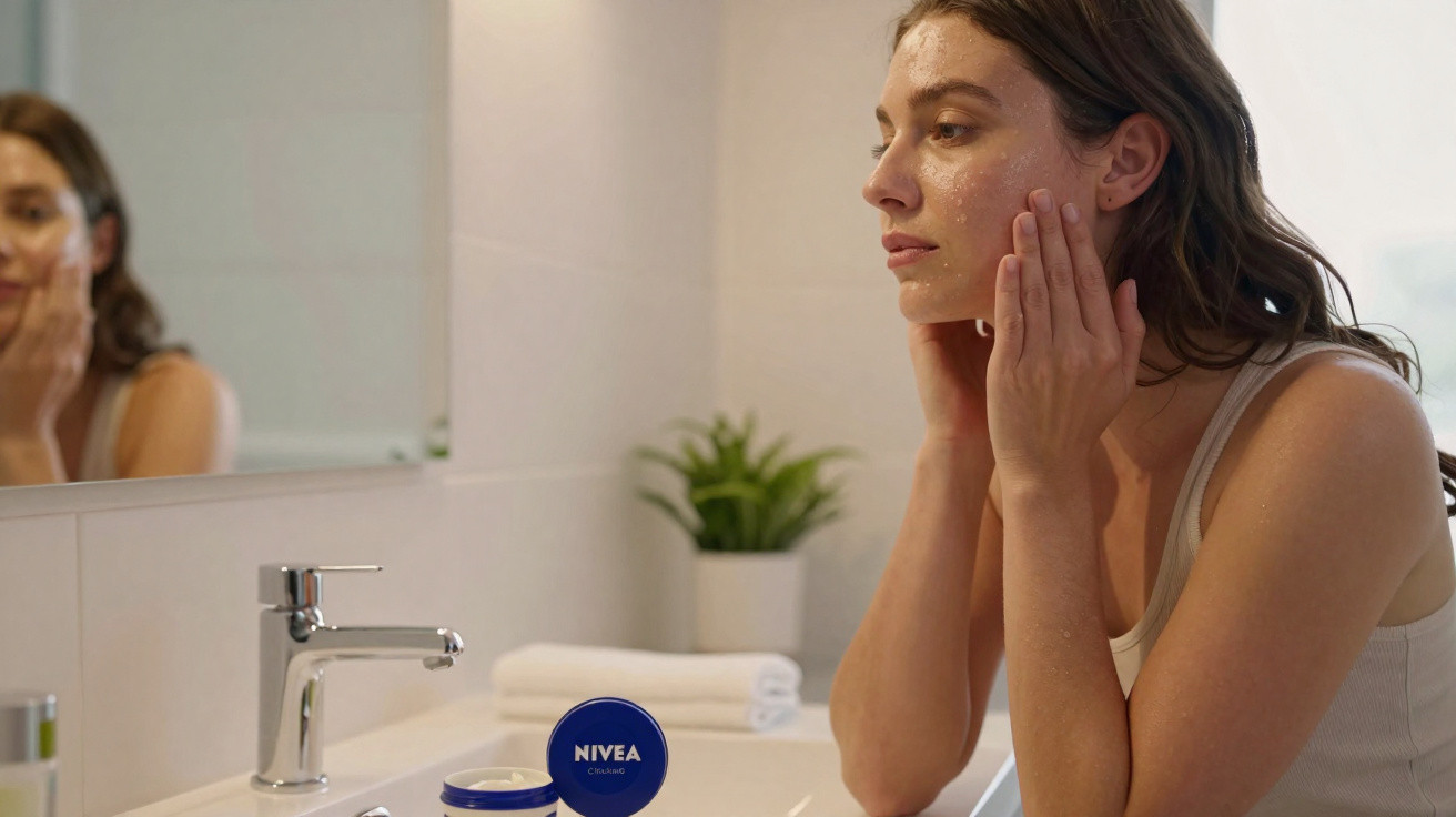 Mulher aplica creme facial Nivea enquanto se olha ao espelho numa casa de banho luminosa.