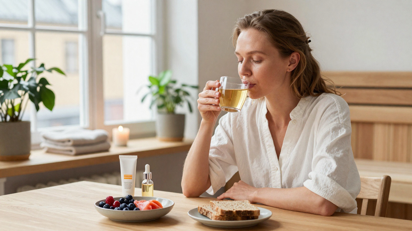 Mulher a beber chá com olhos fechados, sentada à mesa com fruta, pão e frascos de medicamentos.