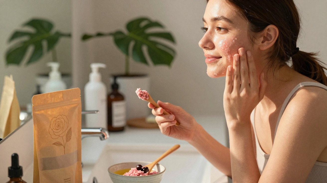 Mulher aplicando máscara facial vermelha no rosto, sentada junto a lavatório com plantas e produtos de beleza.