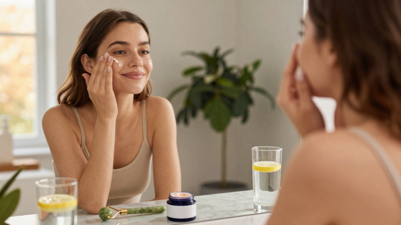 Mulher a aplicar creme no rosto sentada em frente a um espelho numa mesa com produtos de cuidado facial.