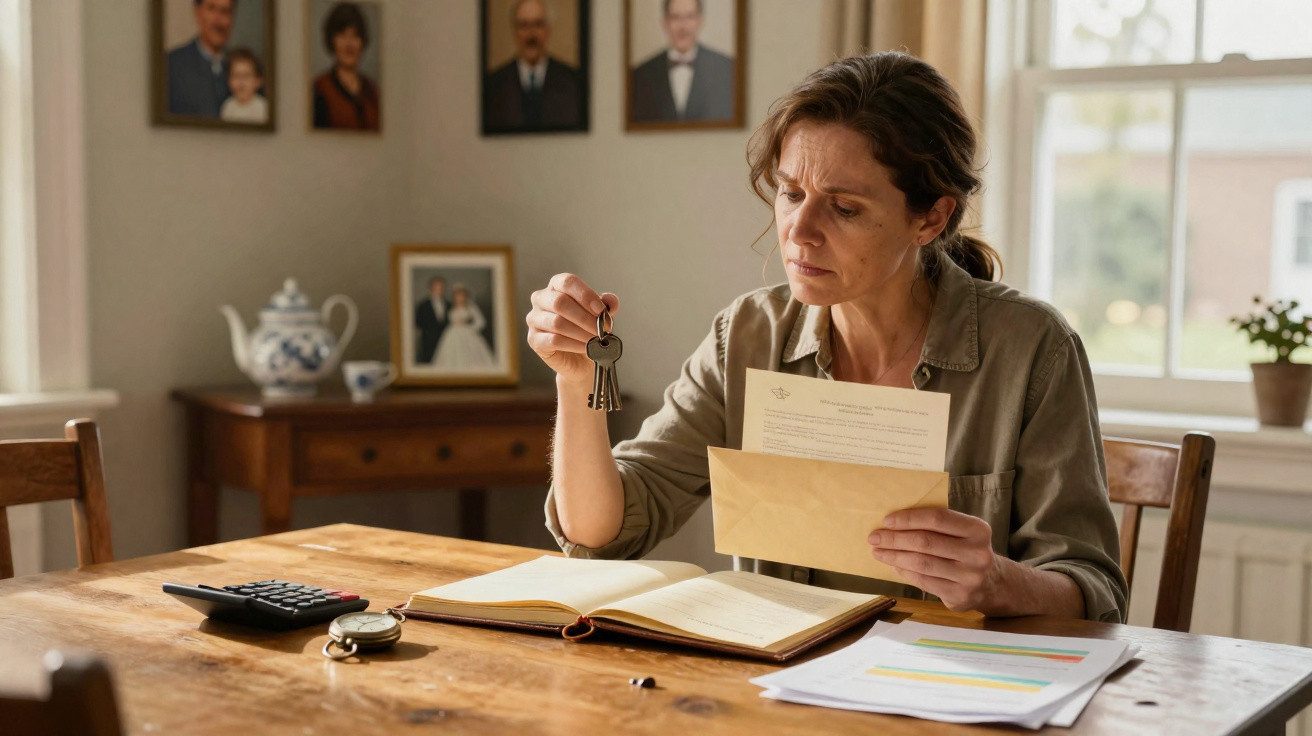 Mulher preocupada sentada à mesa com chaves, documentos e calculadora, rodeada de retratos e móveis antigos.