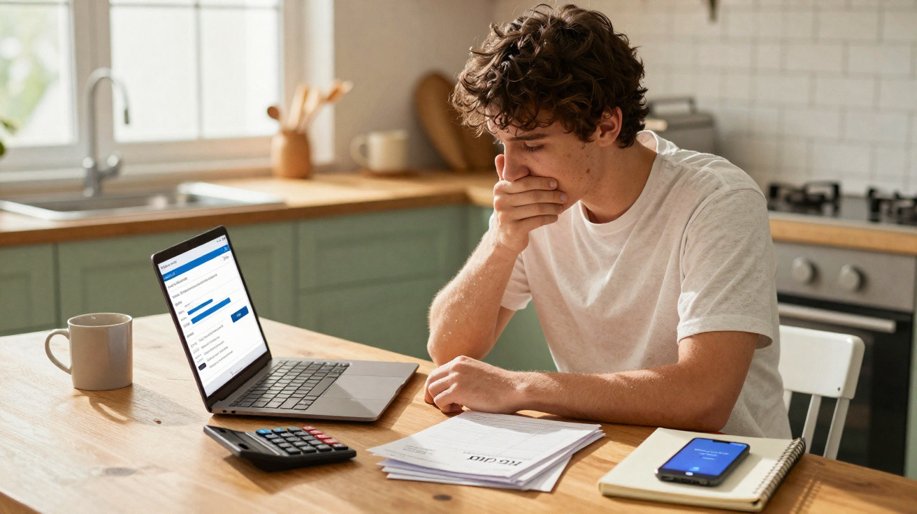 Jovem preocupado a consultar contas e documentos na cozinha com computador portátil e calculadora.