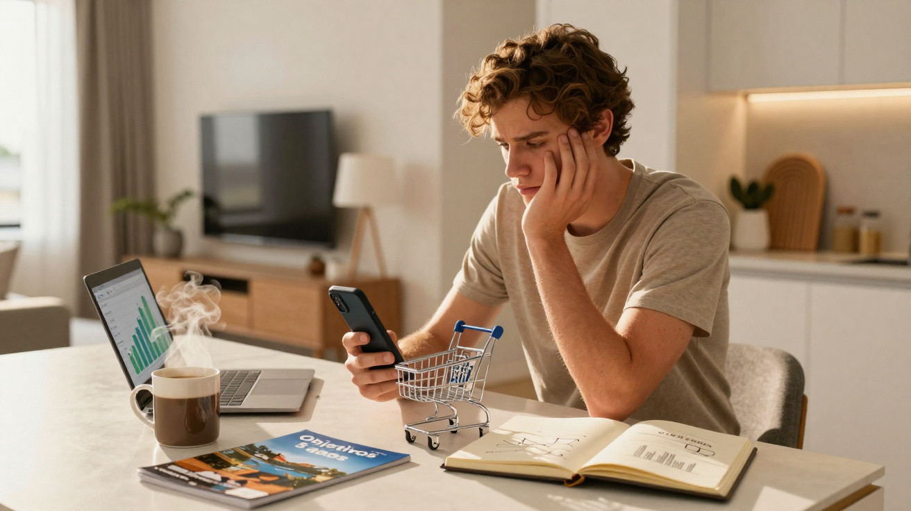 Homem a analisar dados no telemóvel enquanto trabalha com computador portátil, caderno e café numa mesa.