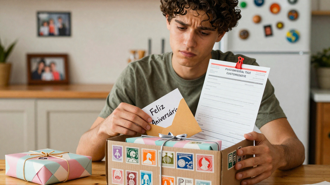 Jovem a desembrulhar uma caixa de correio com um cartão de aniversário e um papel importante numa cozinha.