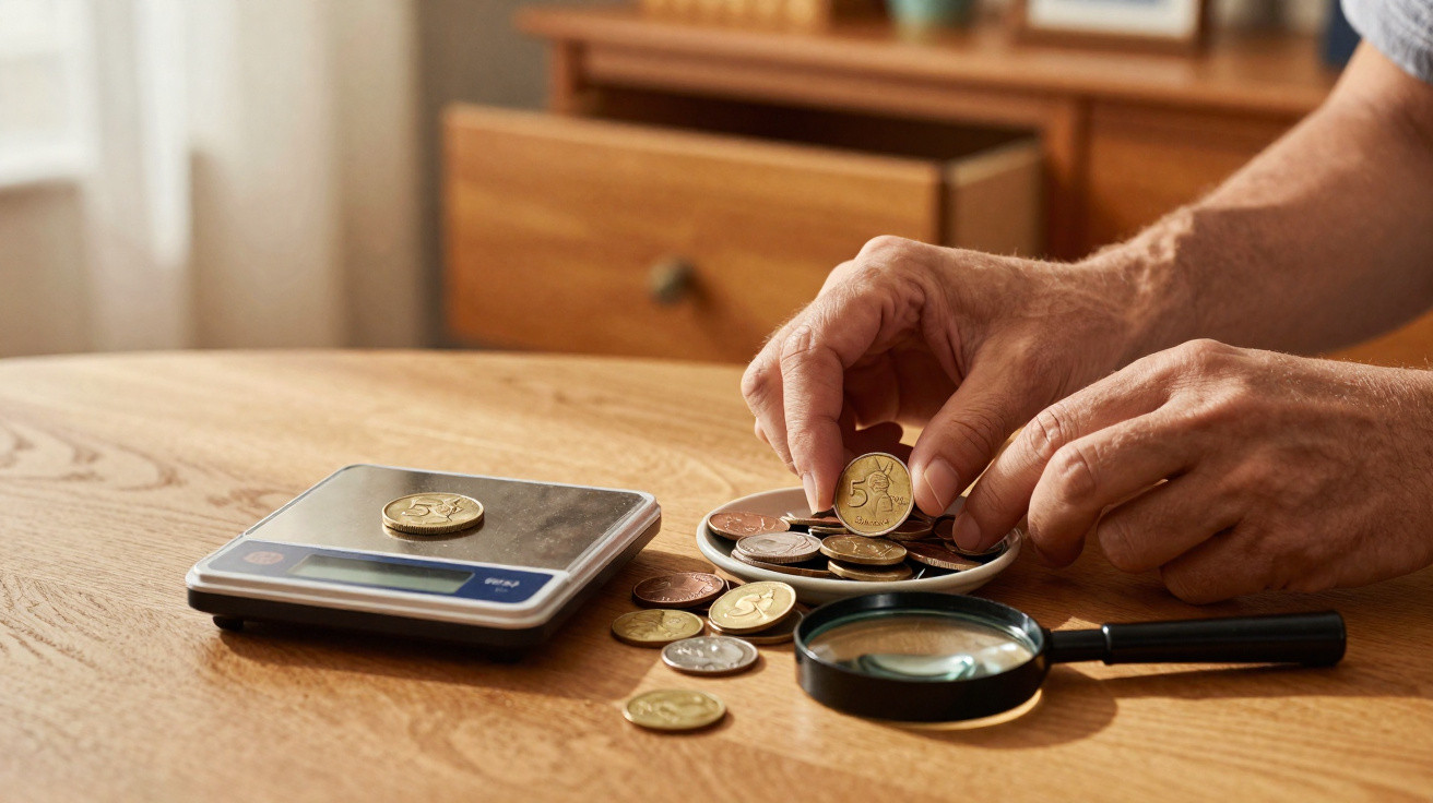 Duas mãos a contar moedas numa mesa de madeira com uma balança digital e uma lupa.