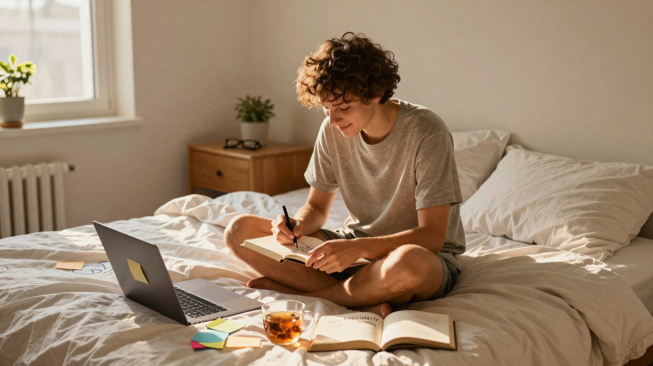 Pessoa sentada na cama a escrever num caderno, com portátil aberto e chá ao lado numa manhã iluminada.