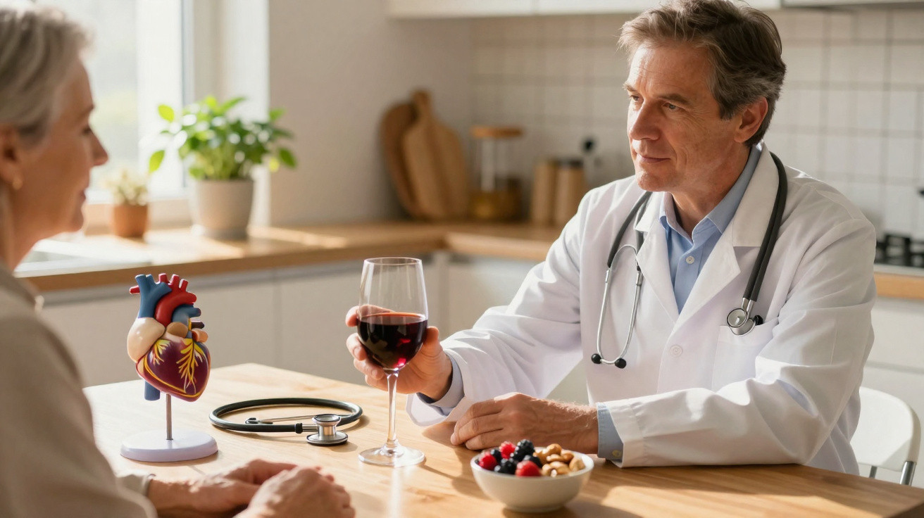 Médico e mulher idosa sentados à mesa com modelo de coração, fruta e copo de vinho tinto.