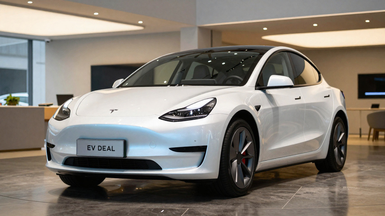 Carro elétrico Tesla branco estacionado numa sala moderna com chão brilhante.