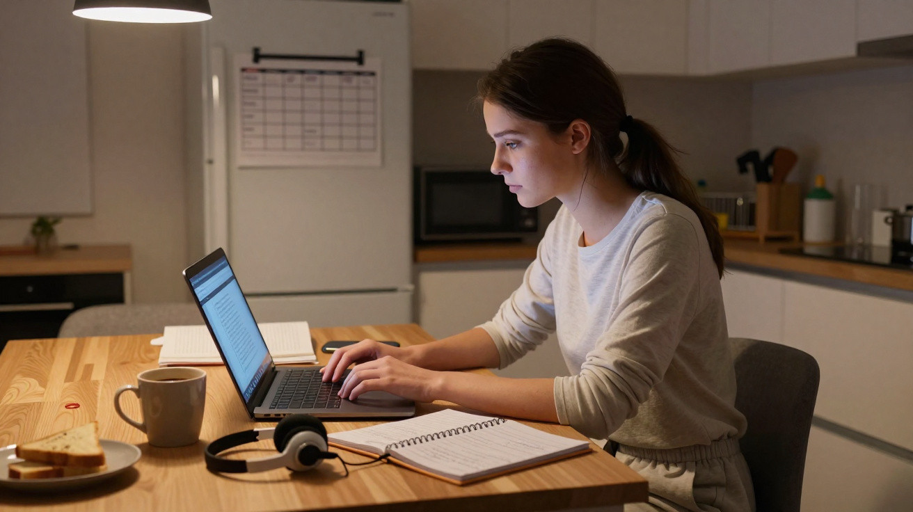 Mulher sentada à mesa da cozinha, a trabalhar no computador portátil com caderno e fones ao lado.