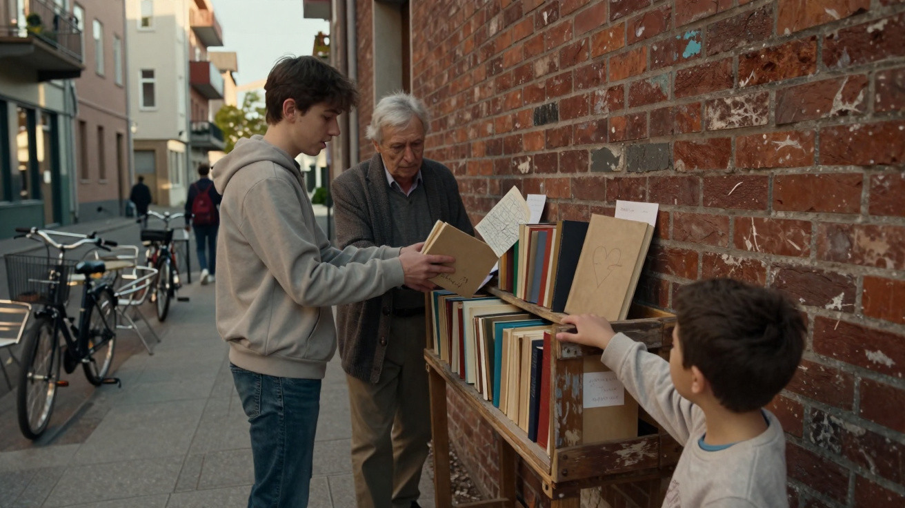 Família de quatro pessoas a escolher livros numa estante de madeira numa rua urbana junto a uma parede de tijolos.