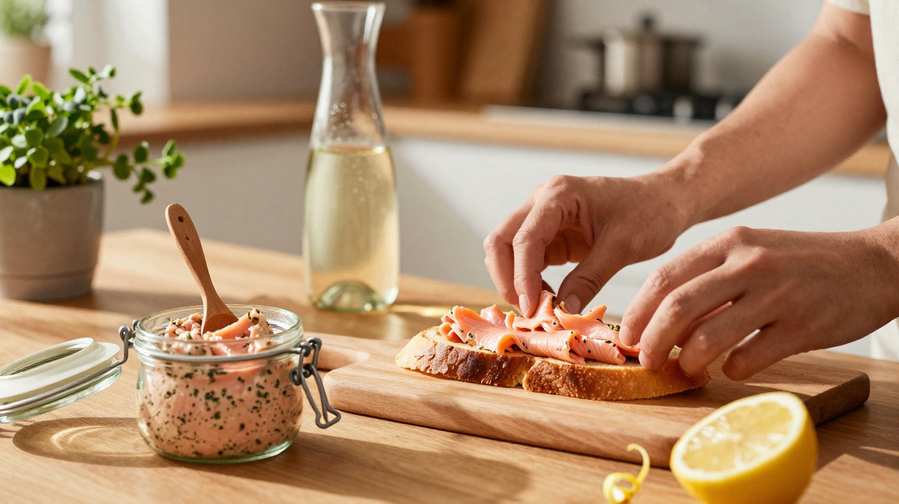 Mãos a preparar tostas de pão com salmão fumado, acompanhadas por limão, jarro de vinho e temperos na cozinha.
