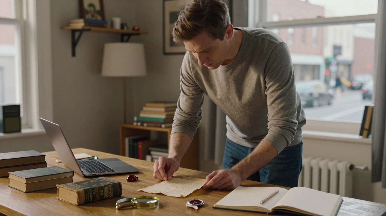 Homem a analisar carta antiga numa mesa com livros, computador portátil e lupa numa sala iluminada.