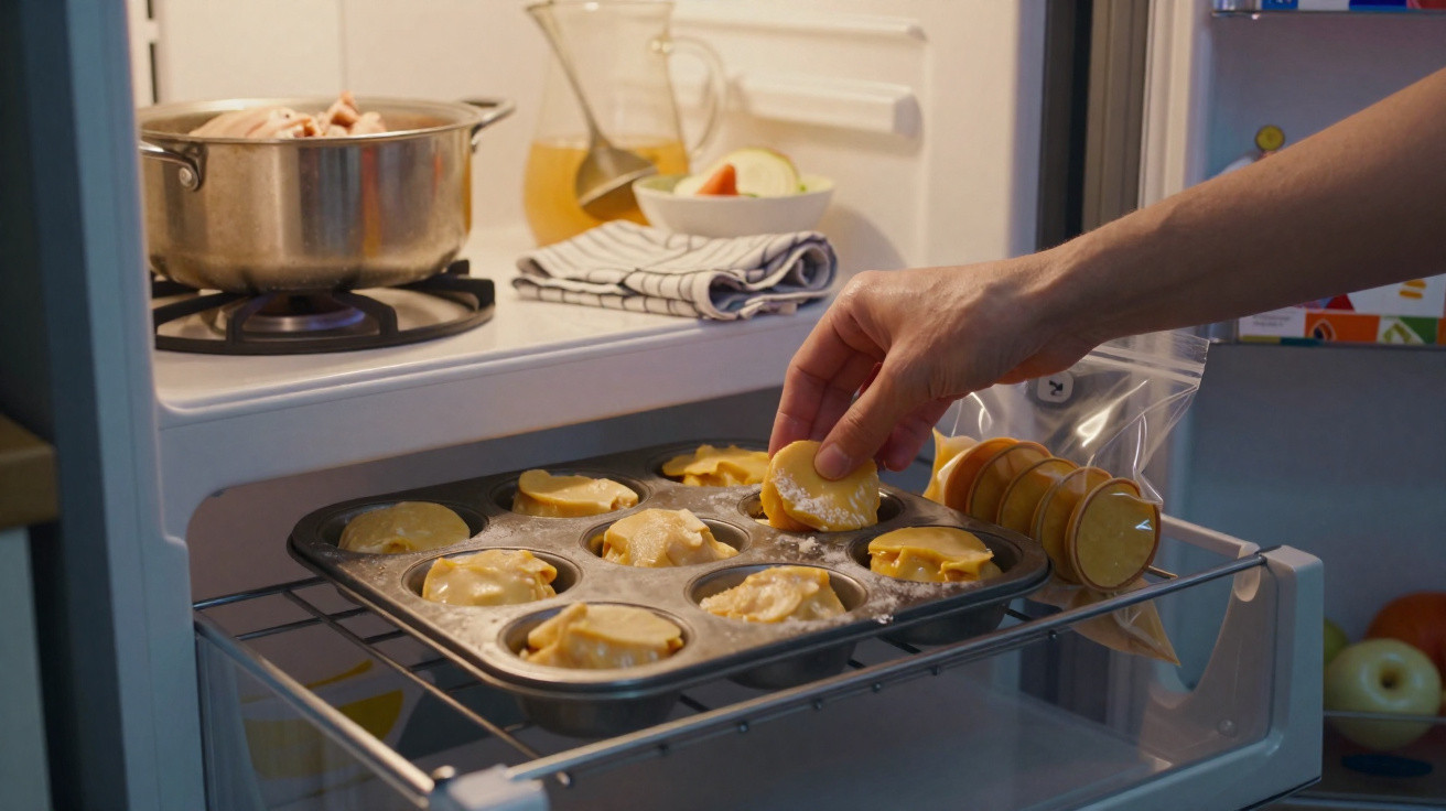 Pessoa a colocar ou retirar muffins numa forma dentro do frigorífico doméstico aberto.