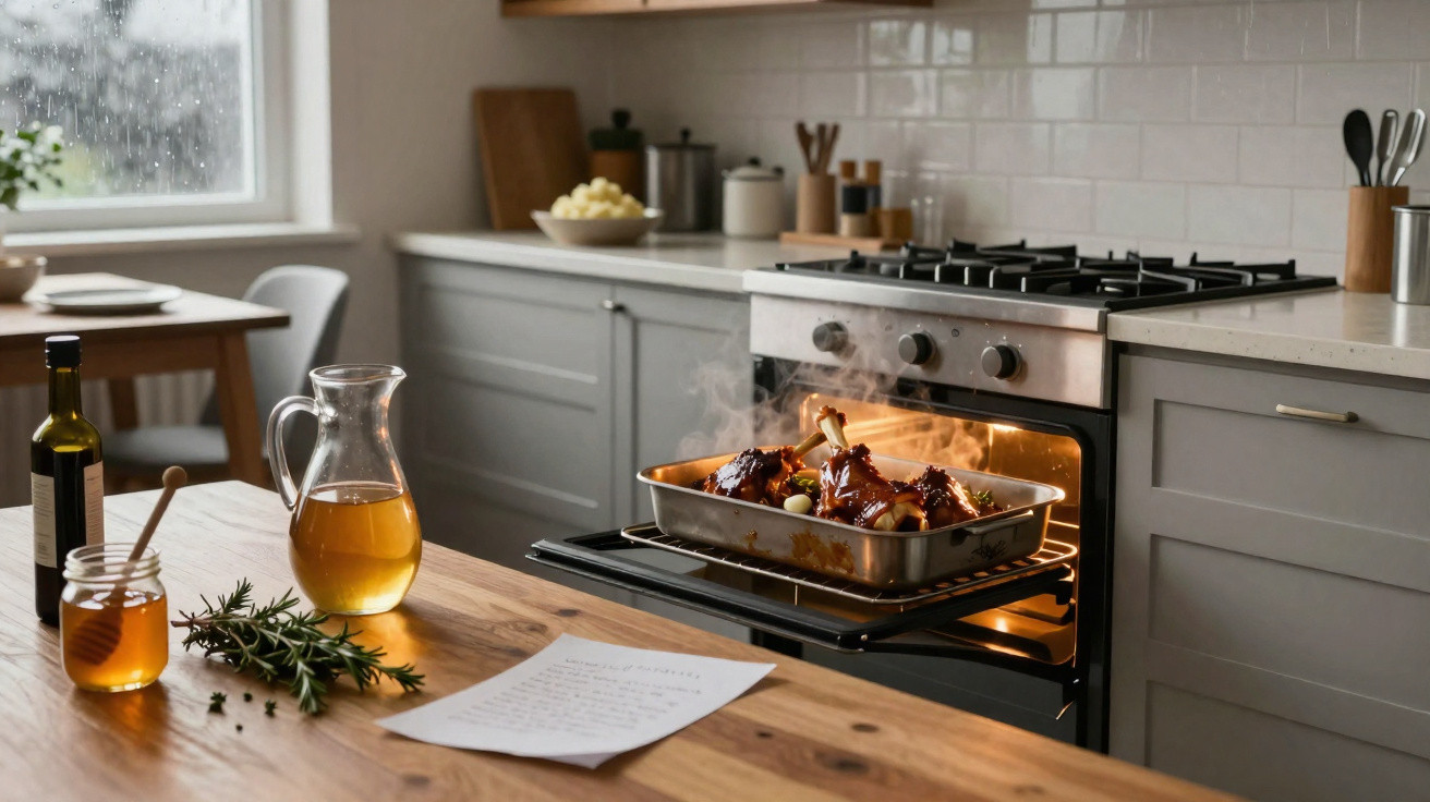 Cozinha moderna com forno aberto a assar carne e mesa com mel, azeite, ervas e receita escrita.
